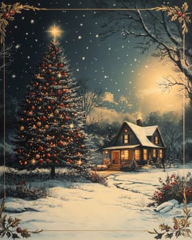 Vintage style Christmas card with a Christmas tree near a house. Selective focus.