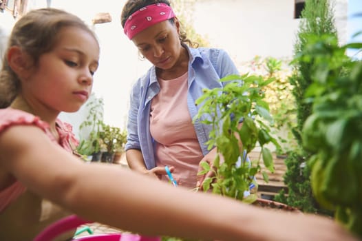 A mother and daughter enjoy gardening in their backyard garden, tending to plants with care. The outdoor setting and vibrant greenery create a peaceful and bonding atmosphere.