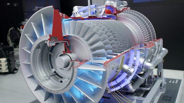 An intricate cutaway view of a jet engine effectively highlights its complex components and unique design structure. Media