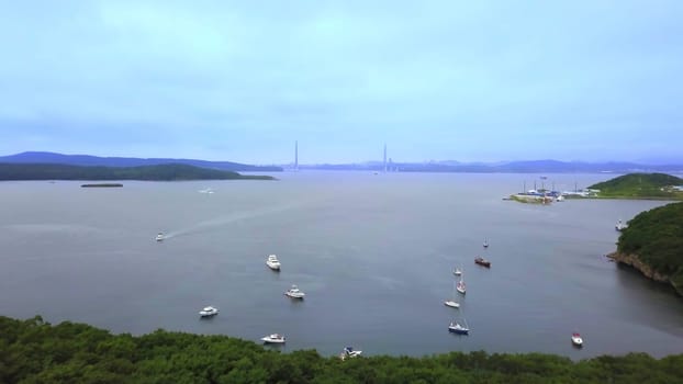 A stunningly picturesque view of a tranquil bay featuring numerous boats and lush greenery beneath a cloudy sky. Stock Clip