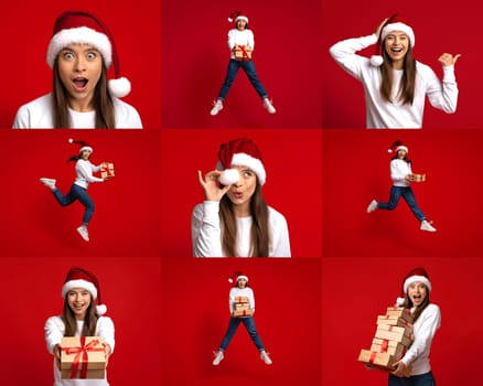 A joyful woman in a festive Santa hat showcases her excitement for Christmas. She poses with gifts, expressing happiness and holiday spirit against a vibrant red background.