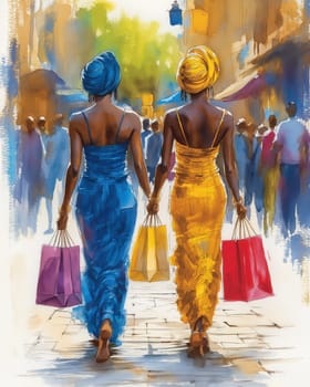 Watercolor, stylishly dressed girls with bags walking down the city street. Selective focus.