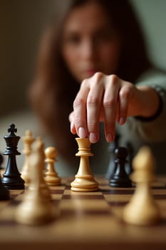 A player carefully positions a chess piece, concentrating on strategy and tactics while engaged in a competitive match indoors - Generative AI