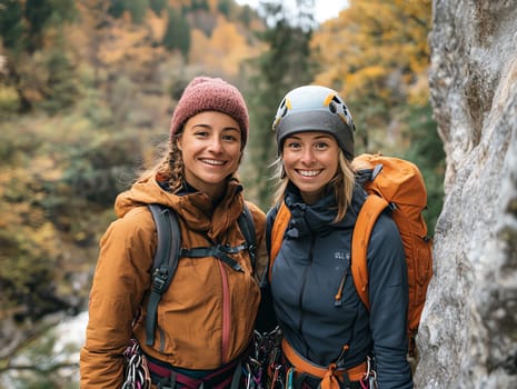 Two women are standing on a rock with backpacks. One of them is wearing a red jacket