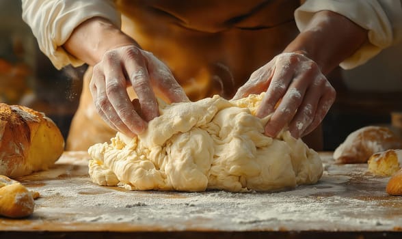 A baker kneads fresh dough on a wooden table early in the morning. Selective focus.