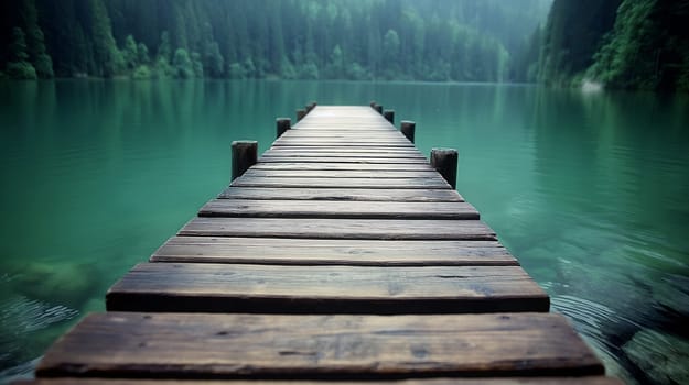 This peaceful wooden dock stretches out into crystal-clear turquoise waters surrounded by lush green trees, evoking a sense of calm and tranquility in nature at dawn - Generative AI