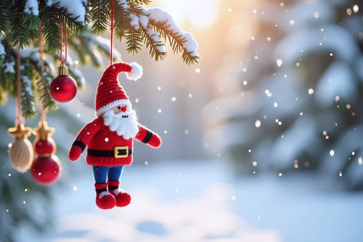 A colorful Christmas Santa Claus ornament dangles from a frosty pine tree branch as soft snowflakes fall during a cozy winter evening - Generative AI
