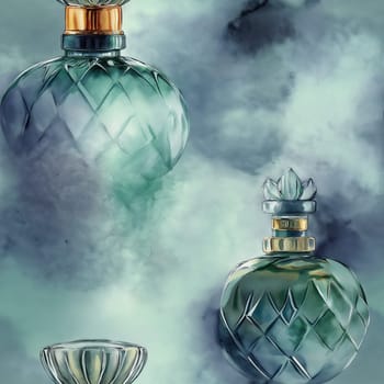 Seamless pattern, illustration with an assortment of perfume bottles. Selective focus.
