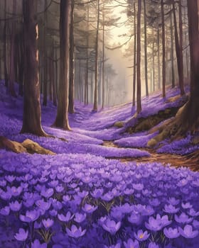 Watercolor forest with crocuses in full bloom. Selective focus.