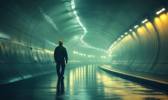 A worker in a hard hat walks in an empty illuminated tunnel. Selective focus.