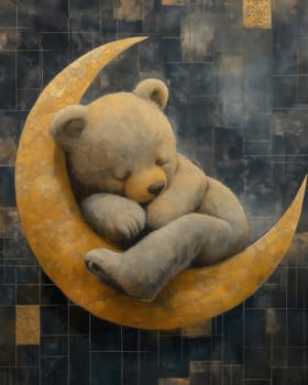 Cartoon bear sleeping on a moon on a blue background. Selective focus.