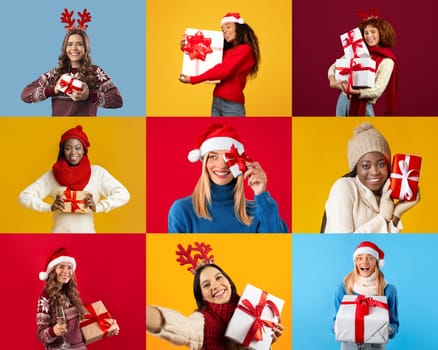 A cheerful group of women in holiday attire joyfully poses with wrapped gifts against colorful backgrounds. Each one expresses happiness and excitement for the festive season.