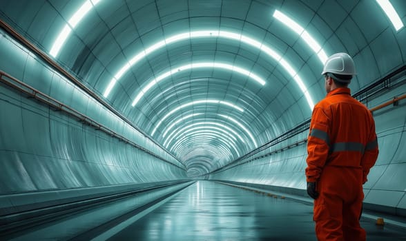 A worker in a hard hat walks in an empty illuminated tunnel. Selective focus.