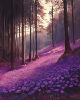 Watercolor forest with crocuses in full bloom. Selective focus.