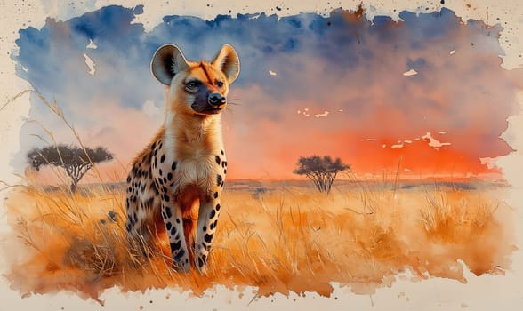 Watercolor painting of an African hyena in the savannah. Selective focus.