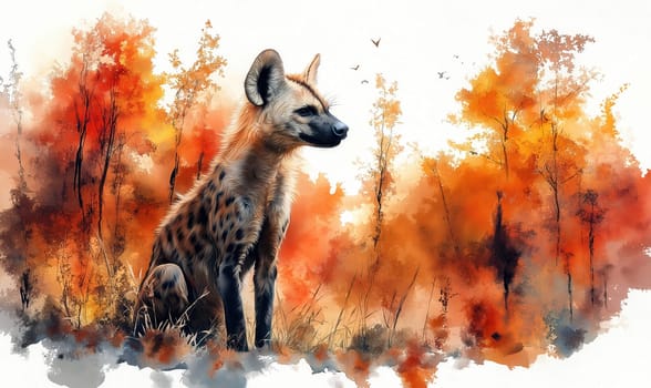 A watercolor drawing of an African hyena on a white background. Selective focus.