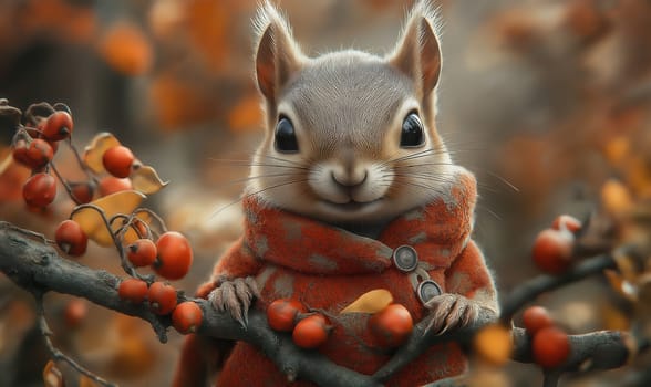 A cartoon squirrel sits in an apron on a branch. Selective focus.
