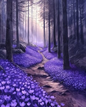 Watercolor forest with crocuses in full bloom. Selective focus.