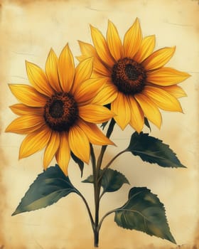 Watercolor, sunflowers on light background, vintage style. Selective focus.