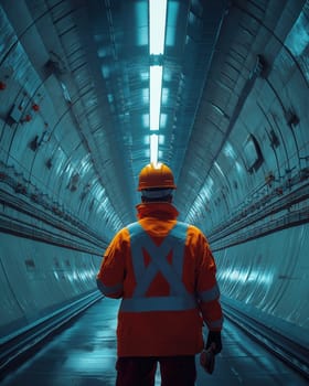 A worker in a hard hat walks in an empty illuminated tunnel. Selective focus.