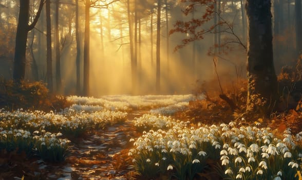 Watercolor forest with blooming snowdrops, bathed in soft morning light. Selective focus.