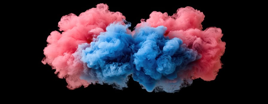 Vivid smoke clouds in pink and blue create striking visual effect.