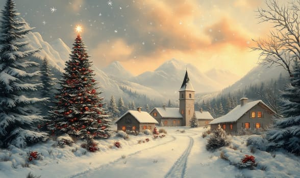 Vintage style Christmas card with a Christmas village. Selective focus.