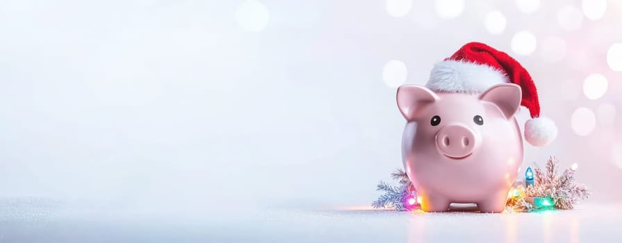 Piggy bank wearing Santa hat, surrounded by festive lights and decorations.