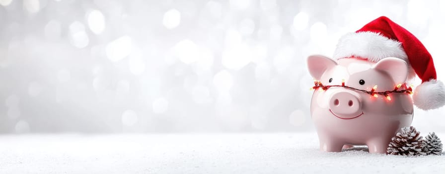 festive piggy bank wearing Santa hat and Christmas lights.