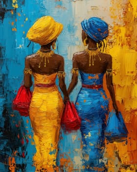 Watercolor, stylishly dressed girls with bags walking down the city street. Selective focus.