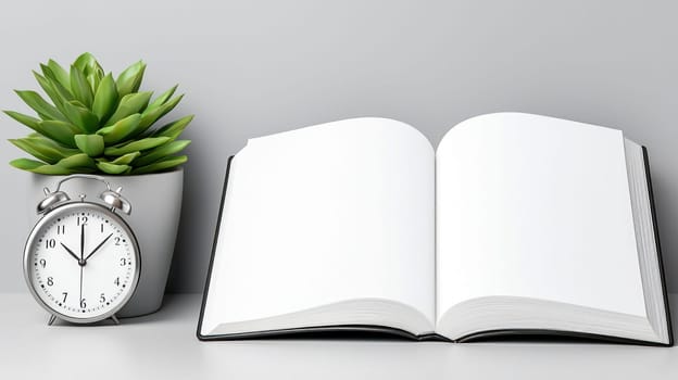 open journal beside clock and succulent plant creates serene workspace.
