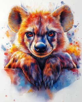 A watercolor drawing of an African hyena on a white background. Selective focus.