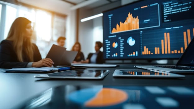 Collaborative workspace with modern office environment and data analysis.