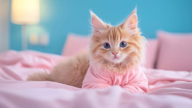 Fluffy ginger cat wearing pink outfit, looking adorable on soft bed.