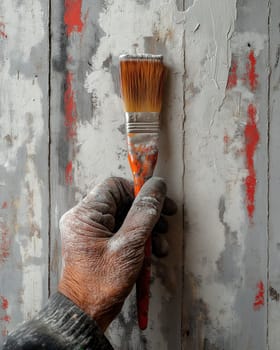 A hand applying paint with a brush to a surface. Selective focus.