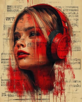 Creative colorful design, a man in headphones listening to music. Selective focus.