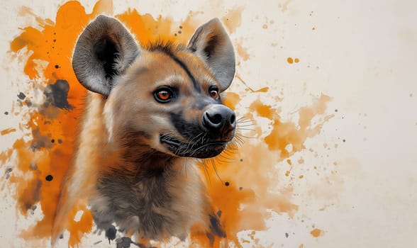 A watercolor drawing of an African hyena on a white background. Selective focus.