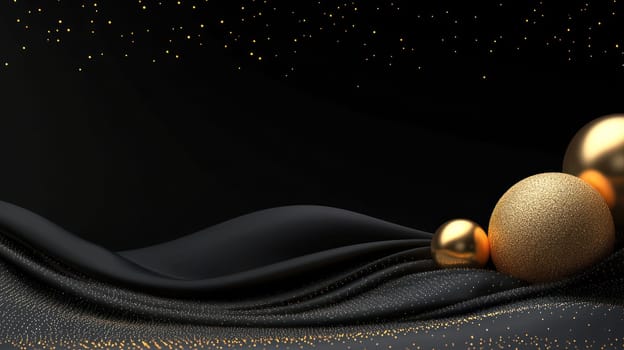 Elegant black background with golden spheres and shimmering particles.