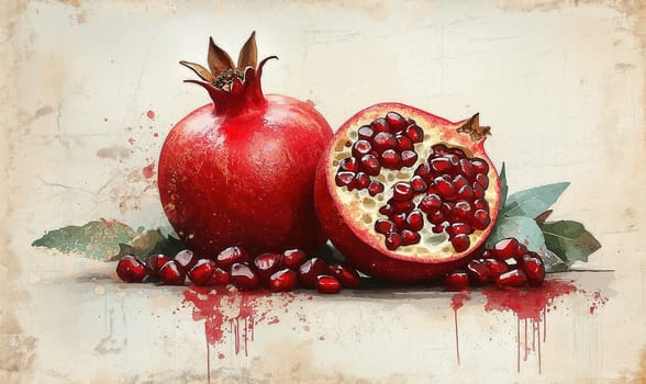 Vintage illustration of a pomegranate with seeds on a textured background. Selective focus.