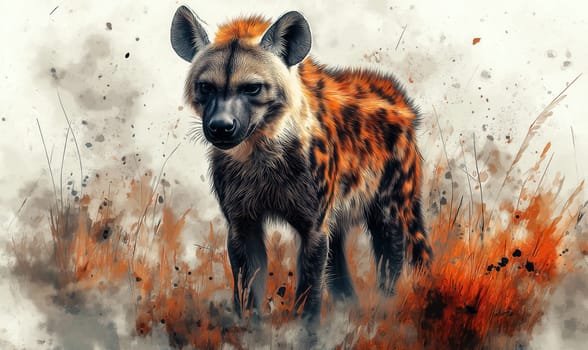 A watercolor drawing of an African hyena on a white background. Selective focus.
