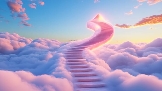 winding path leads through fluffy clouds towards glowing peak, evoking serenity.