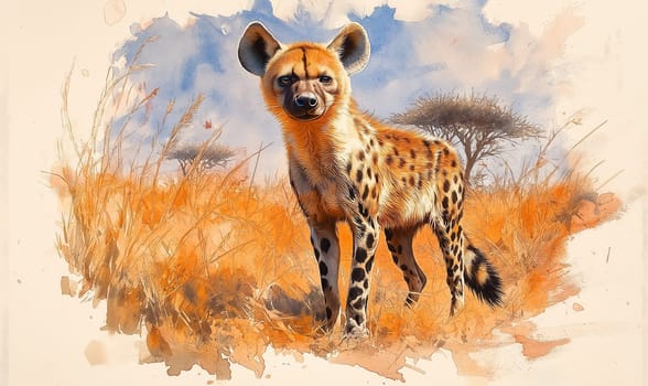 Watercolor painting of an African hyena in the savannah. Selective focus.