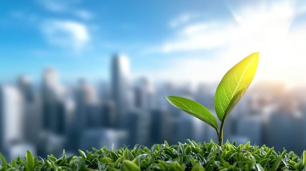 vibrant green plant emerges from lush grass against city backdrop, symbolizing growth and hope.