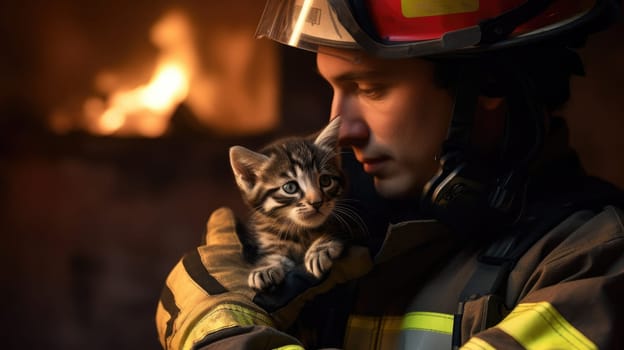 A firefighter bravely saves a frightened kitten from a blazing building, ensuring its safety and well-being. The kitten is now safe, all thanks to the courage and dedication of the firefighter.