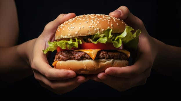 A mouthwatering burger featuring a golden sesame seed bun, crisp lettuce, juicy tomato, and melted cheese, held in hands against a sleek black background, creating an irresistible visual appeal.