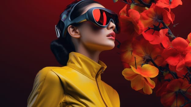 A young woman with long black hair wears a yellow jacket and red sunglasses. She stands against a red background adorned with orange flowers, looking away from the camera.