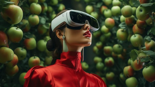 A young woman wearing a stylish red dress and virtual reality glasses is standing in a lush orchard. The orchard is abundant with green apple trees laden with ripe, juicy red apples.