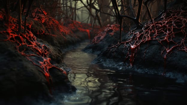 Gloomy red vein like tree roots in a dark forest with a creek running through it.
