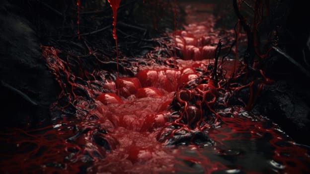 Red liquid flowing through dark cave with roots hanging from the ceiling.