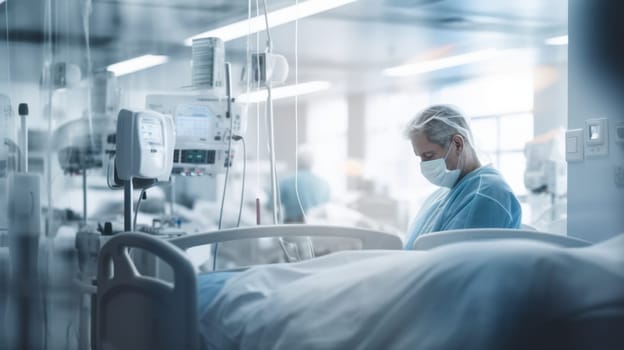 Thoughtful female doctor wearing a mask looking at a patient in a hospital room.